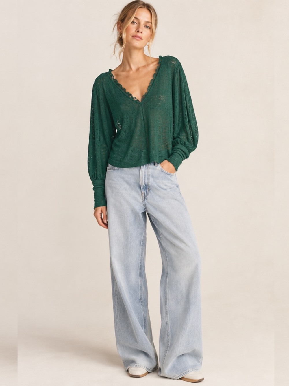 Free People Knit Pointelle Sweater Top Green V-Neck sz M